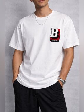 Burberry Men's T-Shirt White Chenille B Logo Patch Crewneck